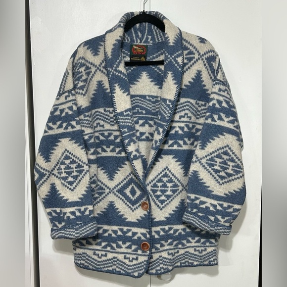 Alps Women Large 100% Wool Blue Cream Southwestern Style Chore Cardigan Jacket - Picture 1 of 9